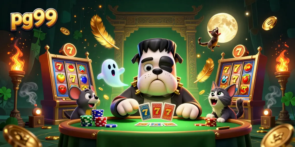 Experience thrilling gameplay with pg99 featuring a lively 3D cartoon scene of a bulldog and mystical elements at a casino game table.