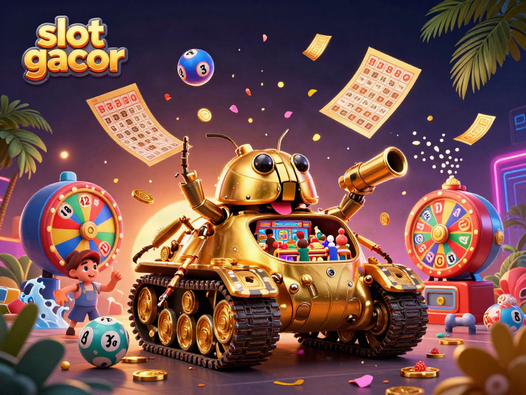 Experience the thrill of slot gacor with a dynamic 3D illustration of a golden beetle tank casino showcasing vibrant game elements.
