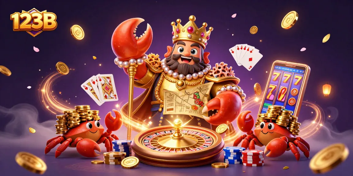 Engage with thrilling casino action at 123B featuring a golden crab emperor and festive gameplay elements.