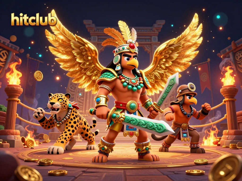 Engage with hitclub featuring Aztec warriors battling in a vibrant casino arena packed with golden elements.