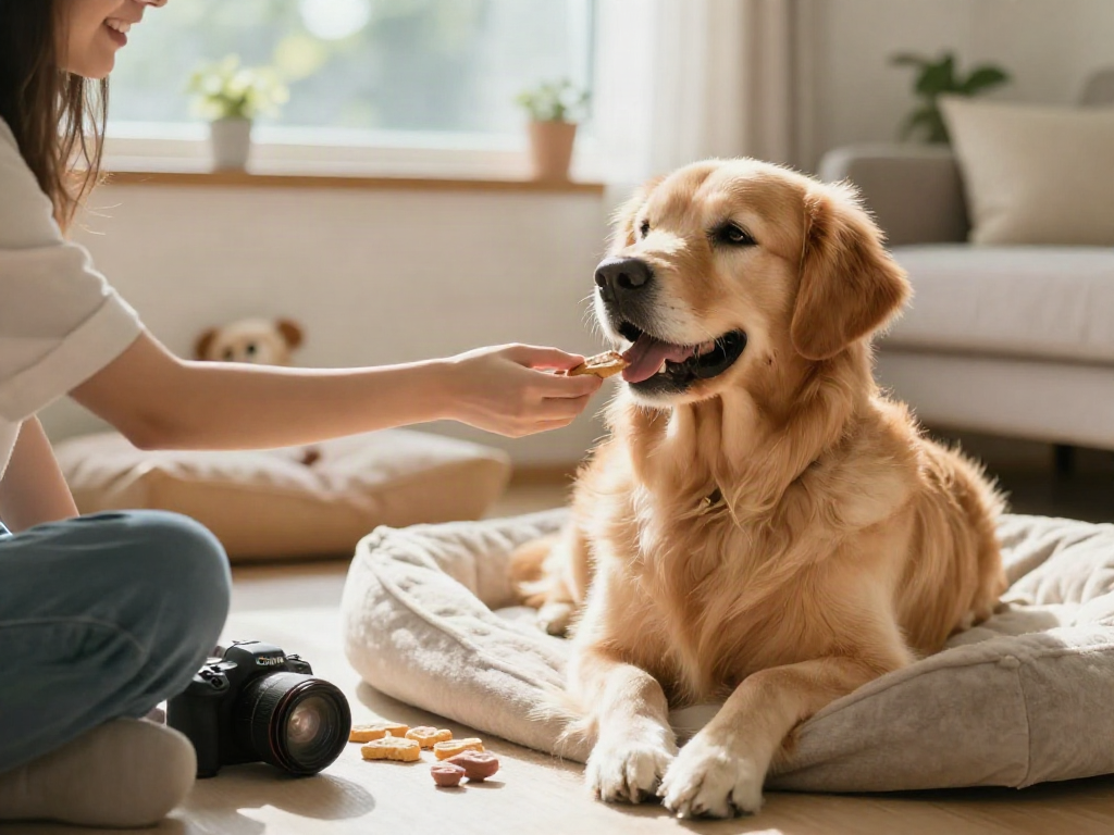 Calming dog treats given to a relaxed golden retriever in a cozy living room.
