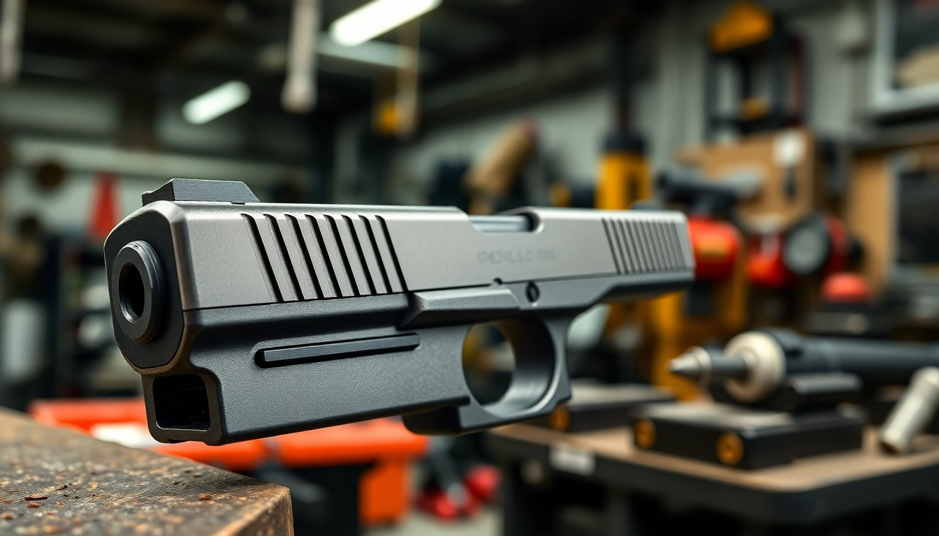 Showcasing a premium glock 19 slide against a blurred workshop background, highlighting quality.