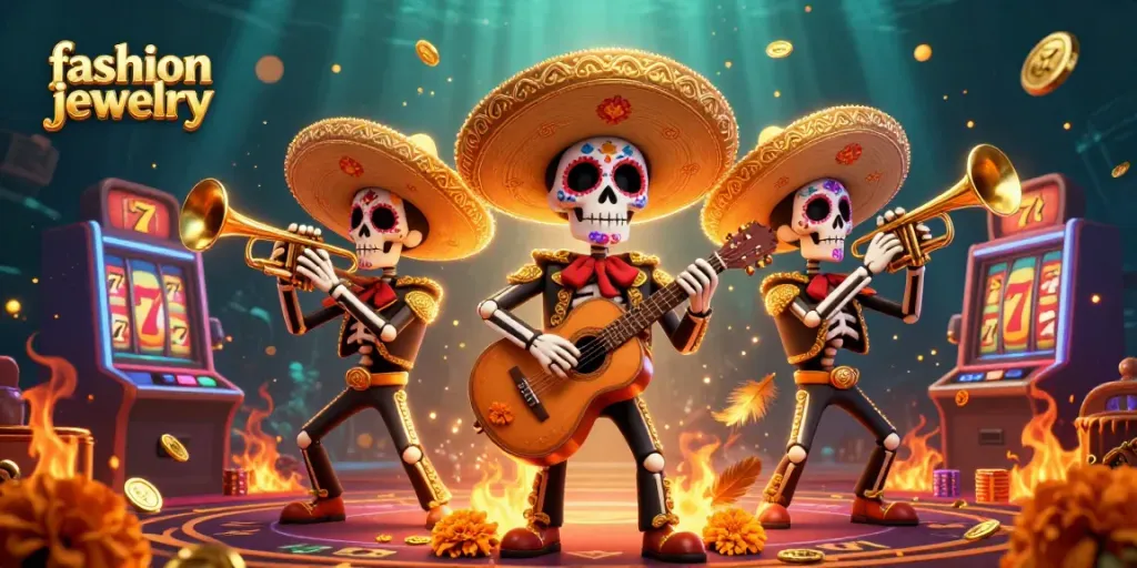 Experience the vibrant fashion jewelry scene as skeleton mariachi play amid spinning slot reels.