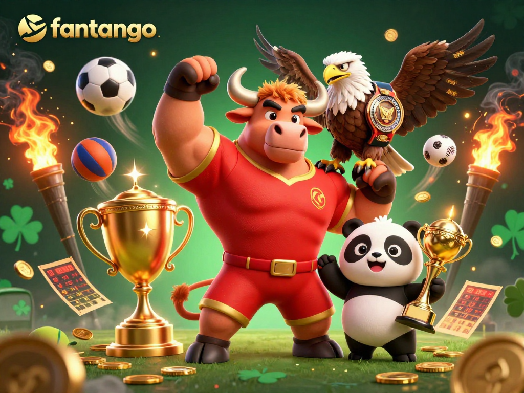 Experience thrilling wins at fantango with a dynamic scene of a bull mascot, eagle, and panda amidst sports action!
