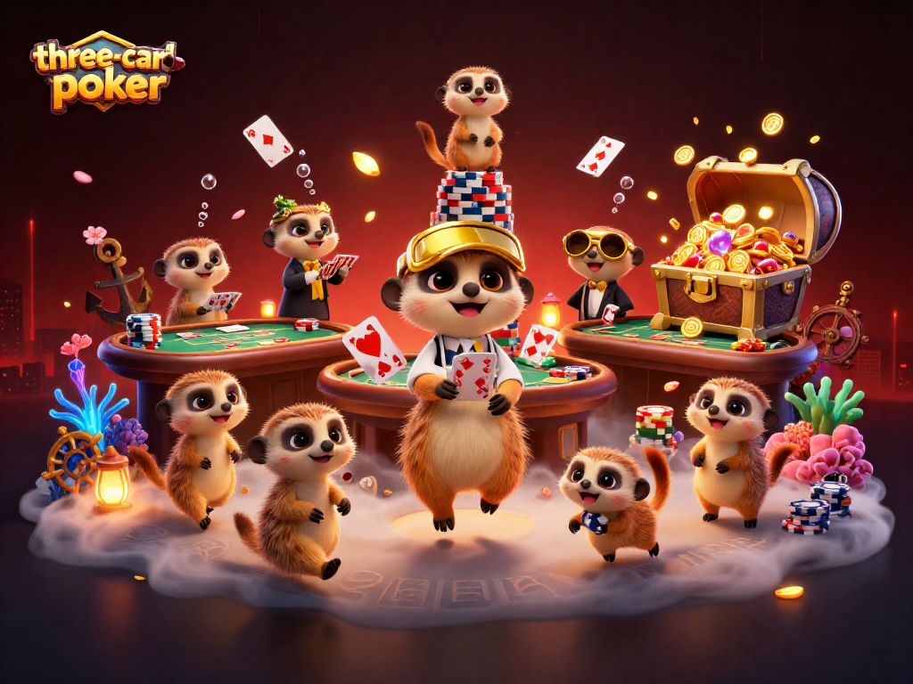 Experience three-card-poker action with meerkats running a vibrant casino in this dynamic 3D artwork.