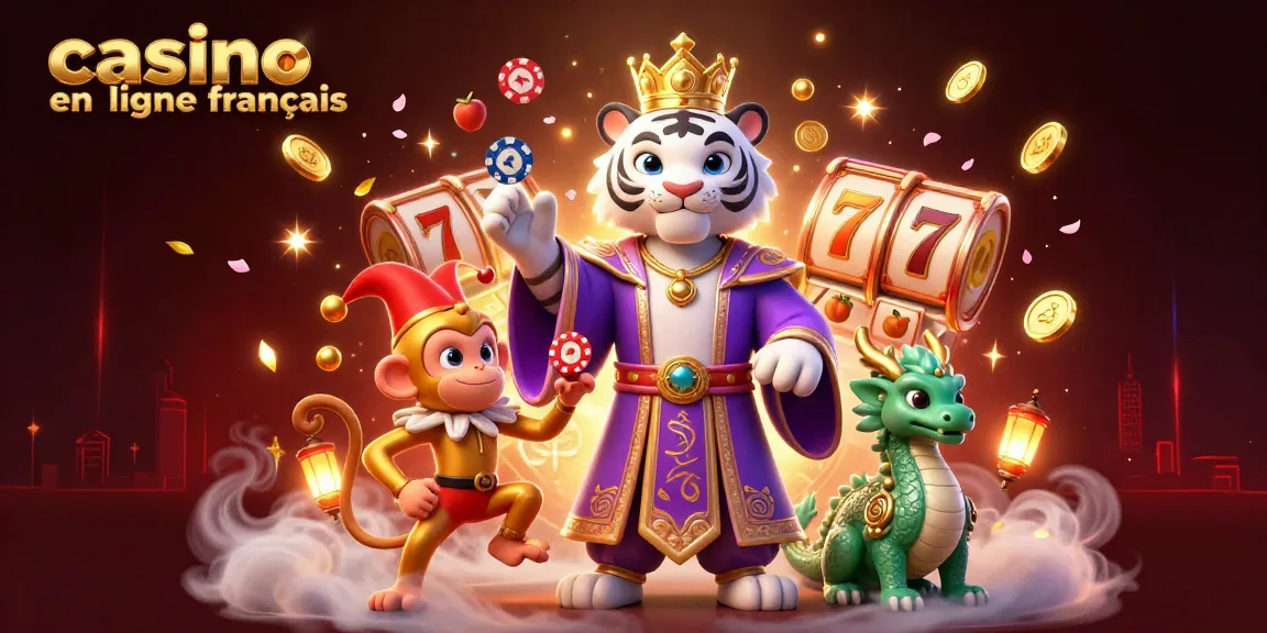 Visitez casino en ligne français avec un tigre élégant, un singe jongleur et des éléments de jeux éclatants.