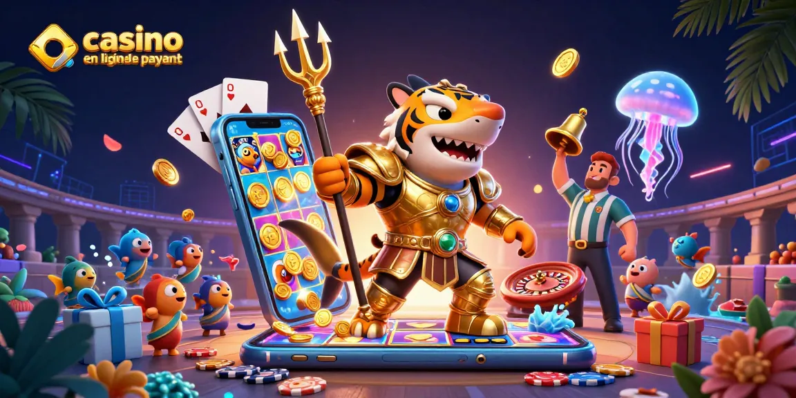 Un poisson-tigre en armure de gladiateur dans une arène marine avec des éléments de casino en ligne le plus payant.