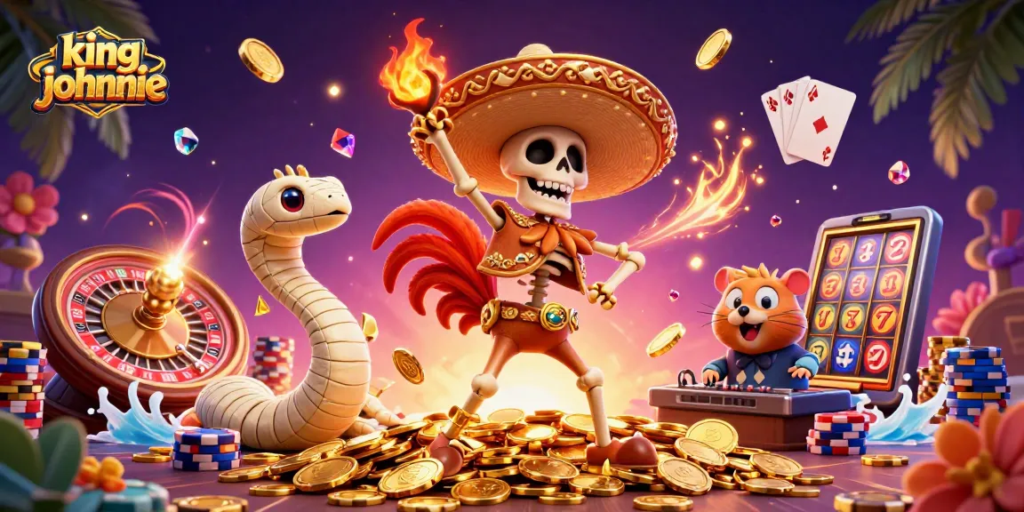 Engage with kingjohnnie's vibrant casino scene featuring a dancing mariachi rooster among golden coins and gaming elements.
