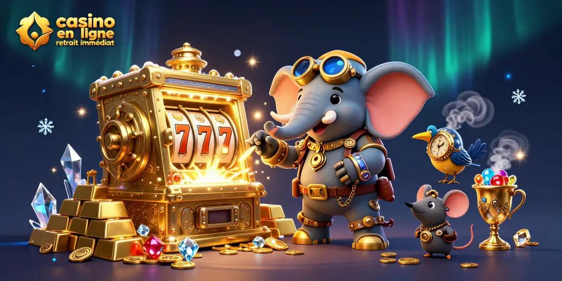 Gagnez gros avec casino en ligne retrait immédiat et un éléphant steampunk devant une machine à sous.