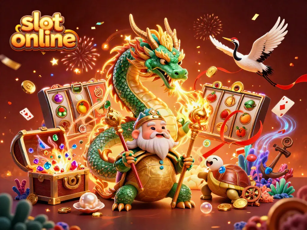 Experience slot online magic with a jade dragon and lucky characters in a vibrant 3D scene.