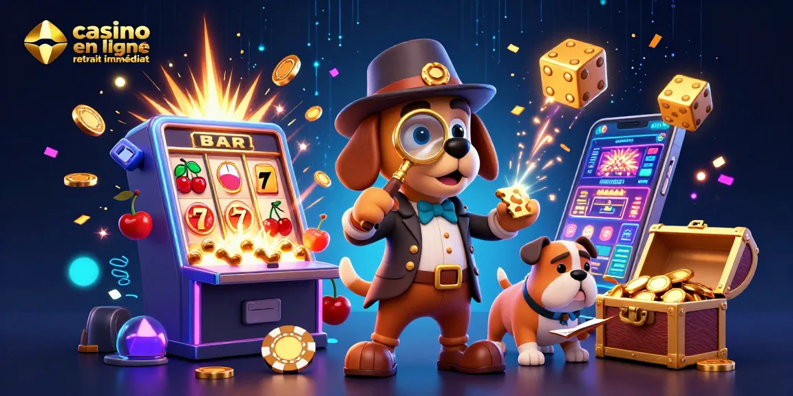 Jouer à un casino en ligne retrait immédiat avec un détective cartoon examinant un jeton de poker doré, entouré de machines à sous et de trésors.