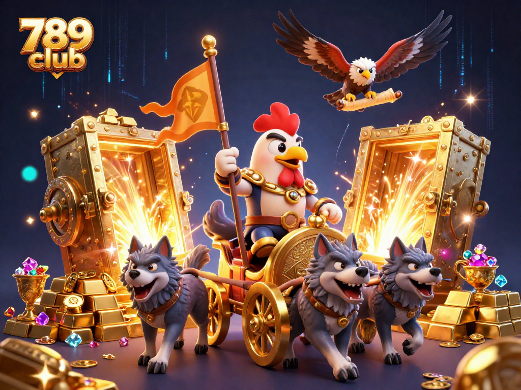 Win big with 789 club in a dynamic 3D casino scene featuring golden treasures and a fierce rooster warlord.