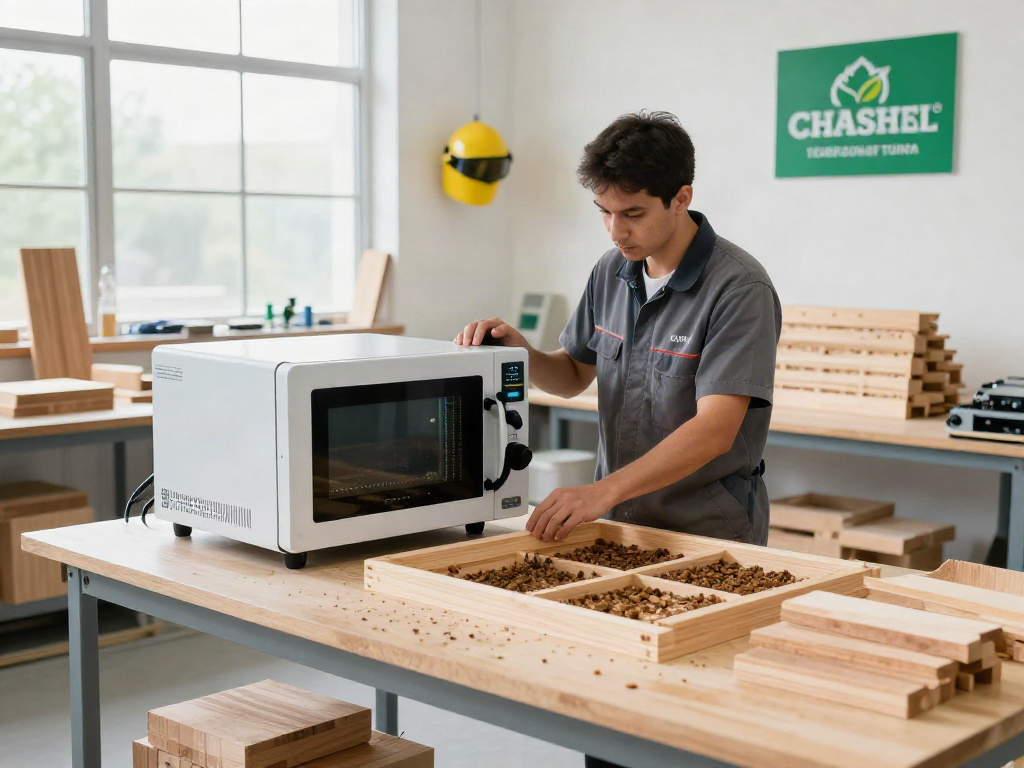 Technician using SHASHEL® microwave equipment for effective woodworm elimination in a modern workshop.