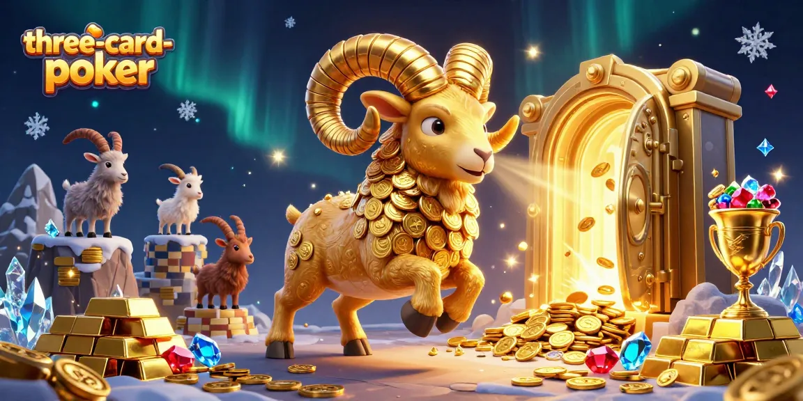 Experience high-stakes action in three-card-poker with golden ram and treasure elements.
