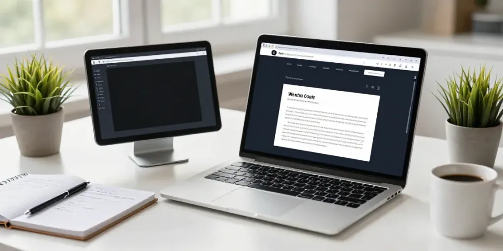 AI copywriting for website owners in a modern workspace with laptop and notes.