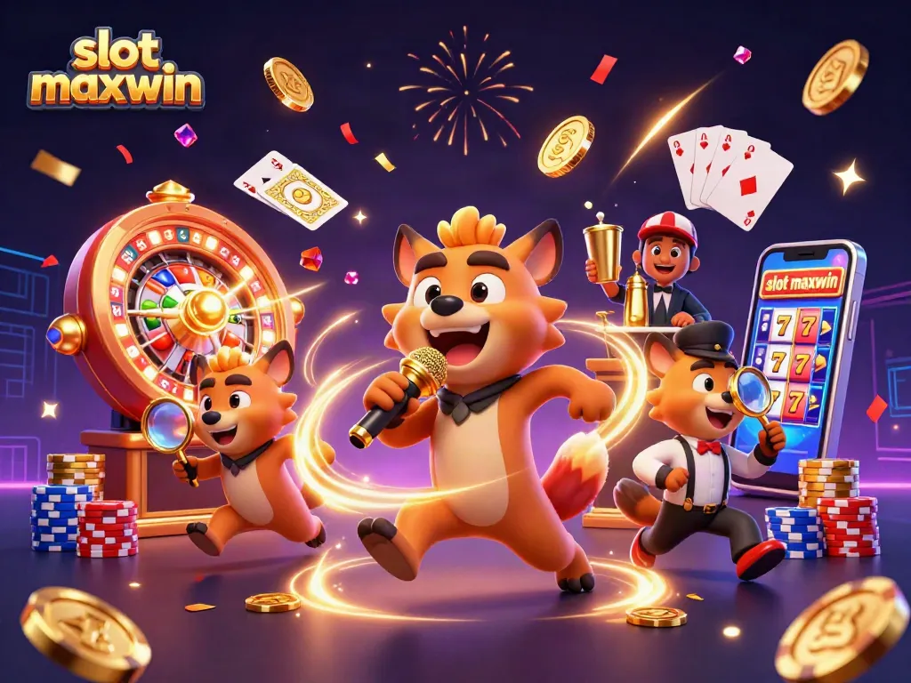 Engage with thrilling slot maxwin excitement in a vibrant cartoon casino scene, showcasing colorful games and lively characters.