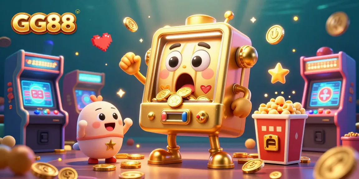 Celebrate wins at GG88 with a dynamic slot machine and cheerful arcade elements in a vibrant casino scene.