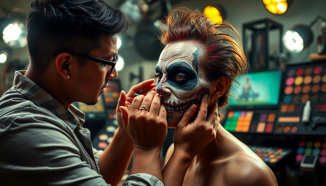 Special effects makeup Dallas TX artist expertly applies dramatic makeup to a model in a bright studio setting.