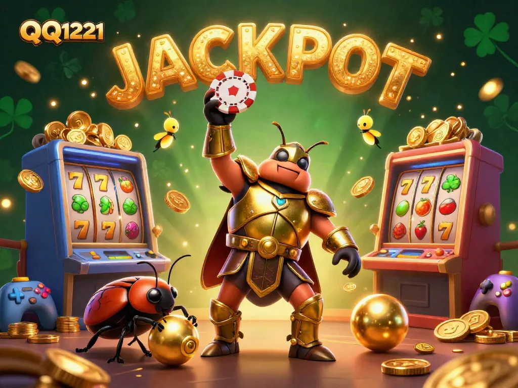 Experience the excitement of QQ1221 with a detailed illustration of a victorious beetle hero in a casino setting.