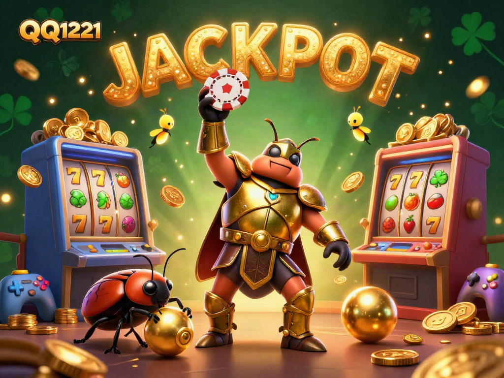Experience the excitement of QQ1221 with a detailed illustration of a victorious beetle hero in a casino setting.