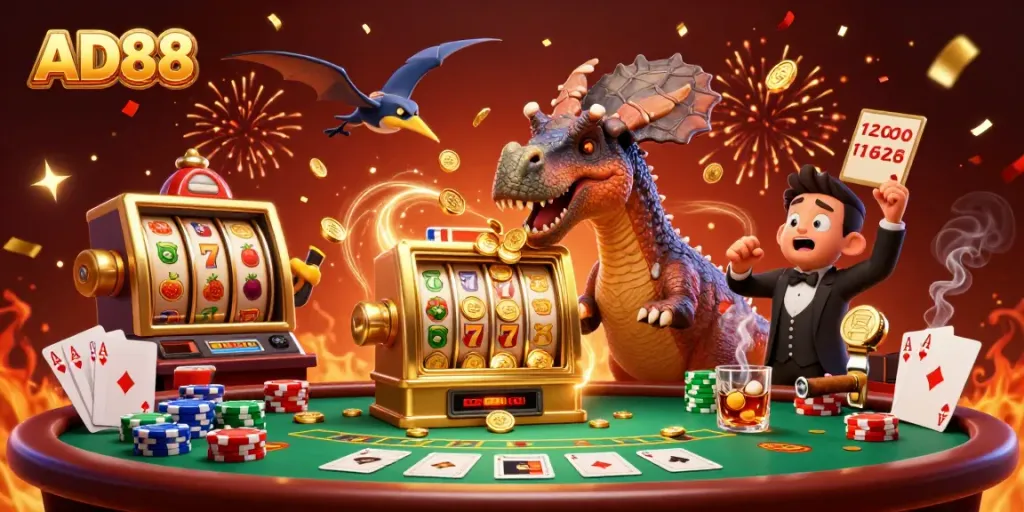 AD88 illustration of a dinosaur interacting with a slot machine in a vibrant casino scene