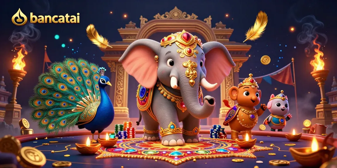 Engage with bancatai's vibrant casino world featuring a decorative elephant and peacock amidst dynamic gambling elements.