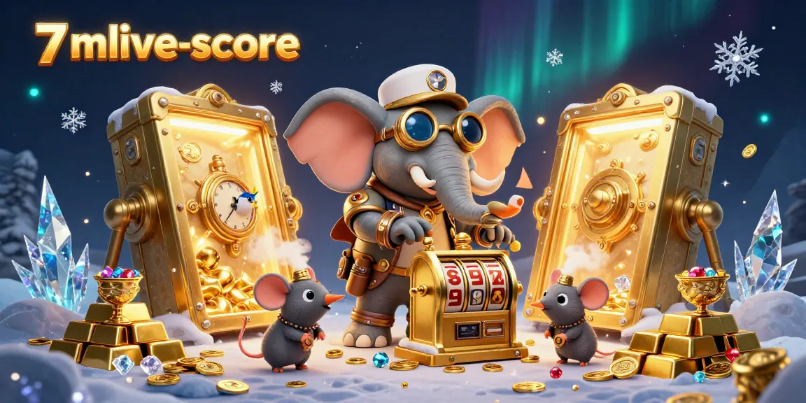 Spin the reels at 7mlive-score with a steampunk elephant and winning treasures in a vibrant casino scene.