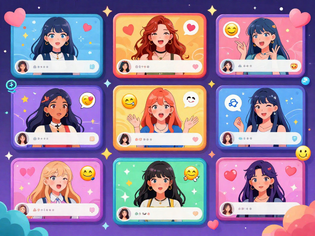Engaging AI hentai chat scene with diverse animated characters expressing emotions in a vibrant digital environment.