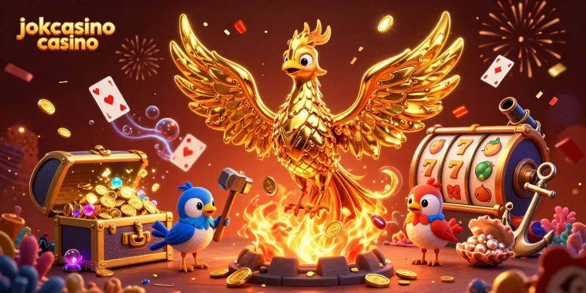 Play and win at jokacasino casino with a vibrant 3D phoenix-themed illustration.