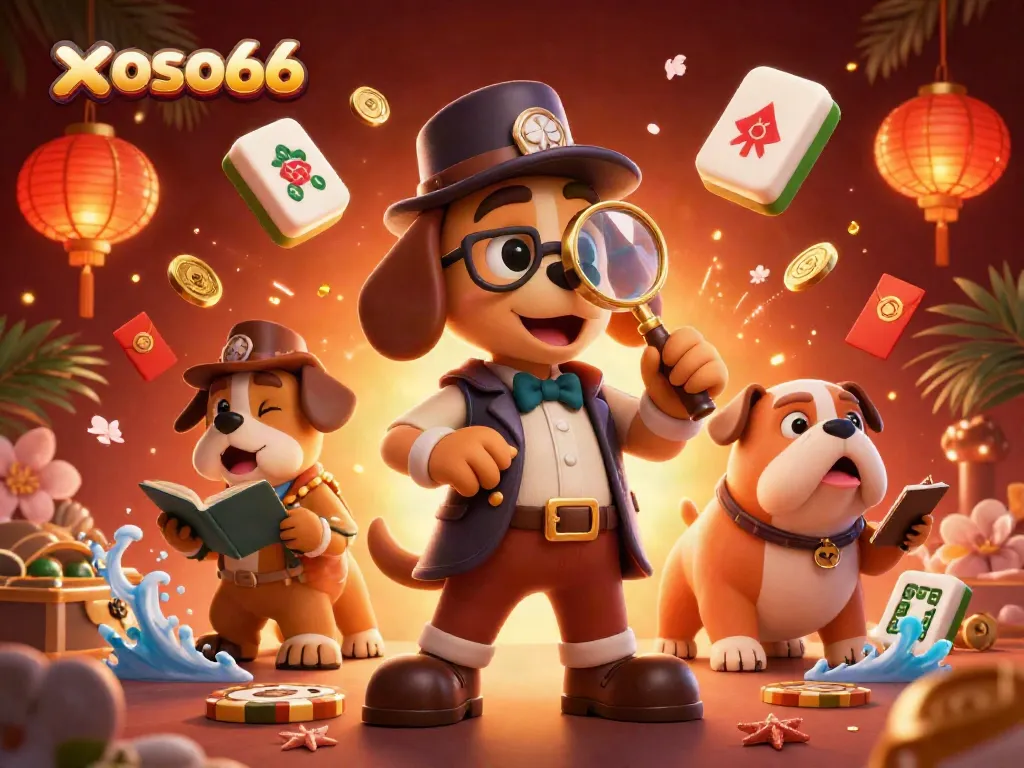 xoso66 captures the thrill of gambling with a detective dog examining a golden poker chip.
