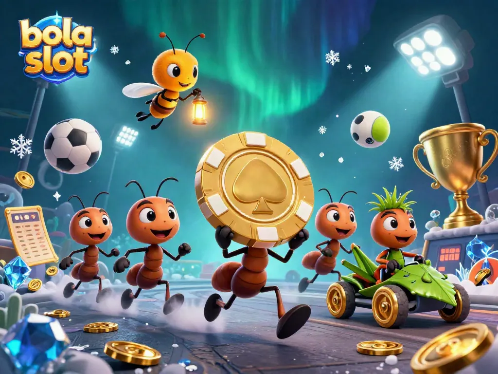 Engage with bola slot gameplay featuring ants heisting a giant poker chip in a dynamic casino scene.