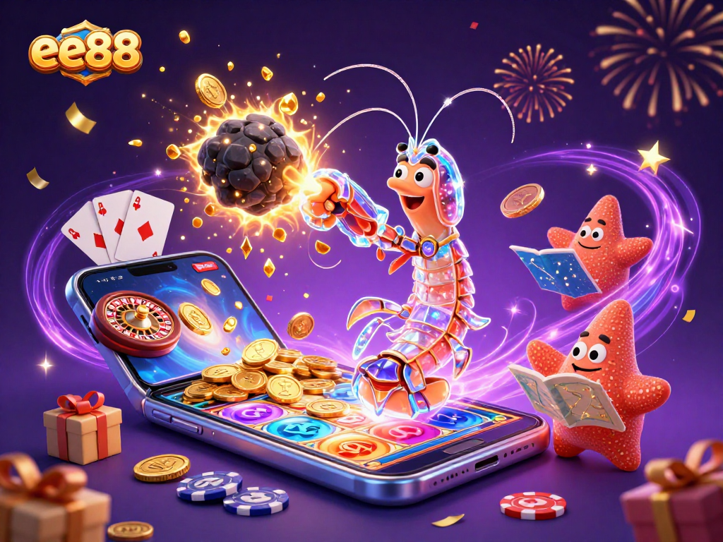 ee88 slots scene featuring a galactic samurai mantis shrimp bursting gems and coins, exciting gameplay atmosphere