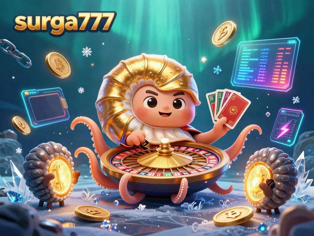 Experience the thrill of surga777 with vibrant 3D nautilus and glowing crypto coins in a dynamic casino scene.